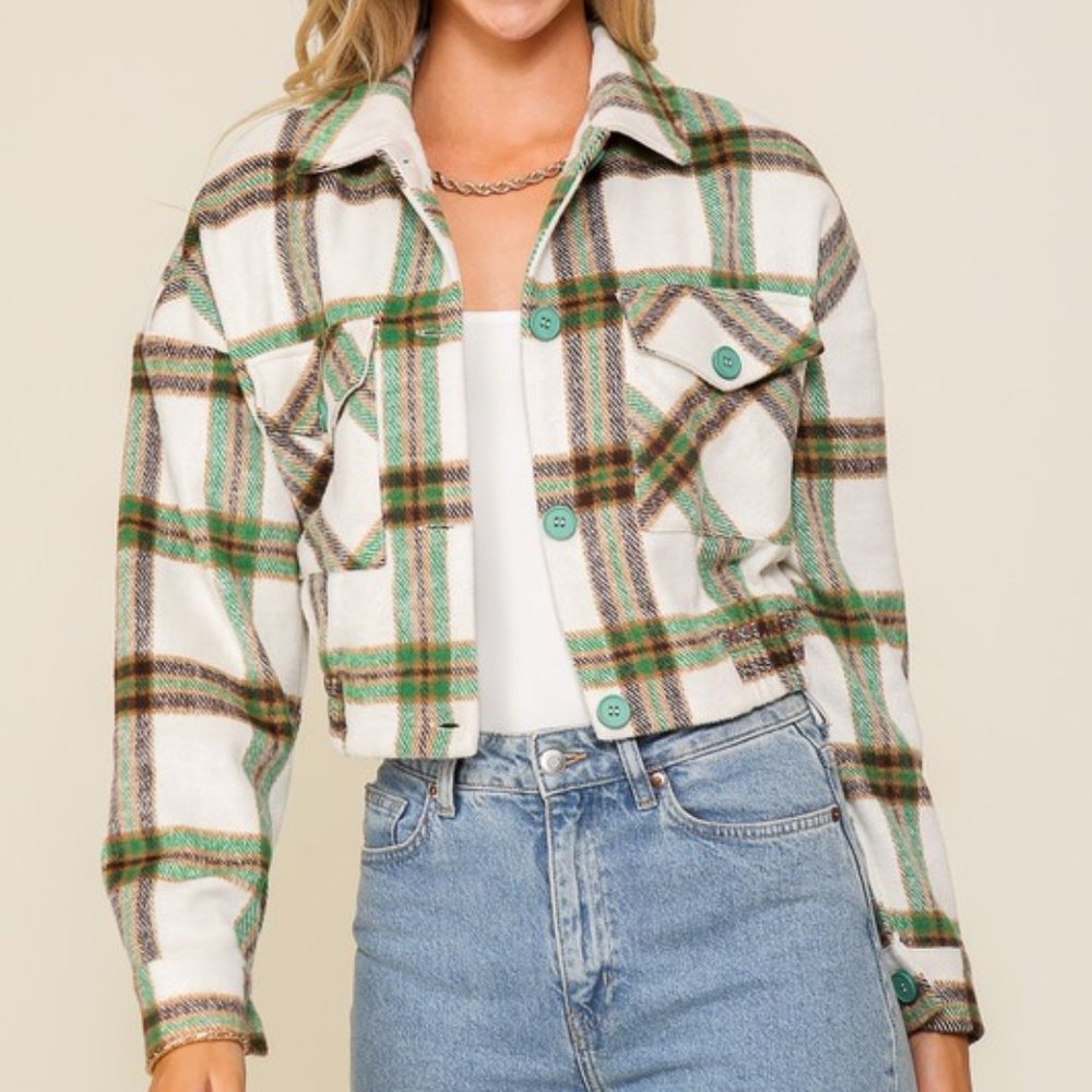 Timing Green and White Plaid Cropped Jacket
